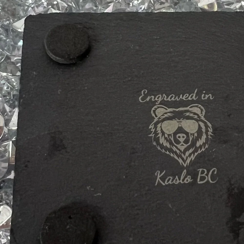 Engraved Slate Coaster kaslo BC with grip bottom raised rock real motorcycle